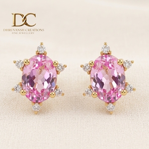 Nouveauté certifiée IGI : Boucles d'oreilles clous en or jaune massif 9K avec diamant de laboratoire et saphir Padparadscha, bijoux de créateur pour femme - Product Image 1