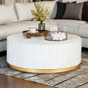 Lujosa mesa de centro con incrustaciones de hueso blanco hecha a mano con elegante patrón geométrico diseño minimalista fusión de arte - Product Image 2