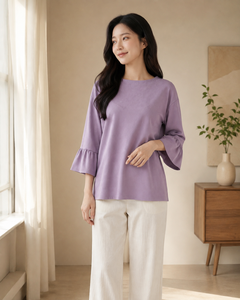 เสื้อผู้หญิงสีม่วงปักลายดอกไม้ แขนสามส่วน คอวี ทรงหลวม สไตล์ลำลอง มุสลิมะฮ์ ไซส์ใหญ่ สำหรับฤดูร้อน คุณภาพสูง ขายส่ง - Product Image 3