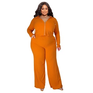 Autumn Women's Casual Tracksuit Plus Size L-5XL Solid Ribbed Long Sleeve <b>Zip</b> <b>Hooded</b> Crop Jacket Wide Leg Joggers Pants 2 Piece - Product Image 2