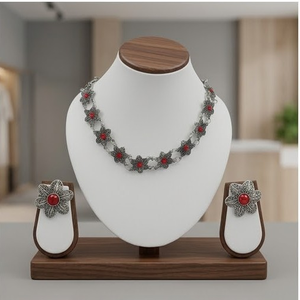 DIVYORO RED FLORAL OXIDIZED <b>SILVER</b> <b>CHOKER</b> SET Women's Wedding Adjustable Length Classic Style - Product Image 2