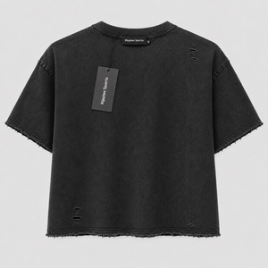 Camiseta Corta para Mujer de Calidad Superior, Nueva, Negra, con Agujeros Desgastados, Cuello Redondo, Corte Regular, Estilo Casual, Transpirable, Color Sólido - Product Image 4