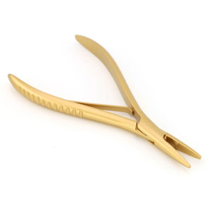 Pince professionnelle pour extensions de cheveux, plaquée or, pour application de mèches, forme plate avec dents pour perles et dreadlocks - Product Image 1