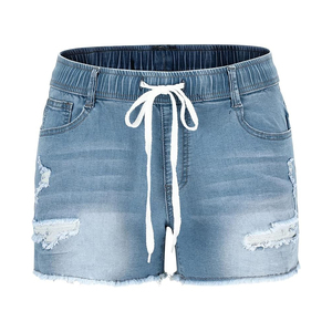 Shorts de mezclilla de cintura alta para mujer ODM con cordón, estilo casual de verano, desgastados, con dobladillo deshilachado, estilo boyfriend, de algodón - Product Image 1