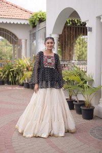 Elegant Black Striped <b>Top</b> With Cream Silk Lehenga Choli Traditional <b>Indian</b> Wedding Wear For Women Loose Fit Floor Length - Product Image 4