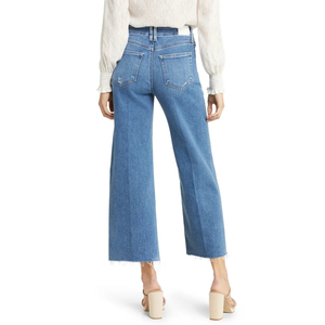 High Waist Womens Wide Leg <b>Denim</b> Jeans Patch Pocket Cropped Raw Hem Blue <b>Stretch</b> Pants Streetwear Style - Product Image 3