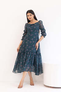 Vestido Midi de Gasa con Estampado Floral y Hombros Descubiertos, con Mangas con Volantes, Corte en A, Holgado, Estilo Romántico, para Uso Diario en Primavera - Product Image 3