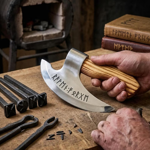 Hacha de Pizza Vikinga Hecha a Mano, Cuchillo Utilitario de Acero al Carbono con Funda de Cuero, Herramienta de Cocina Personalizada - Product Image 1