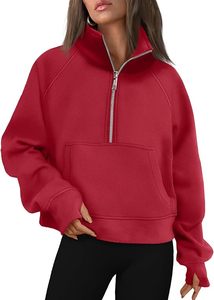 Sweat-shirt rouge à col montant et demi-zip, couleur unie, manches longues, en polaire, coupe oversize, grande taille, haut d'automne pour femme - Product Image 2