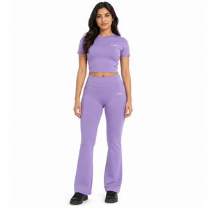 Women's Solid Purple Yoga Set 2-Piece Crop <b>Top</b> & High Waist <b>Leggings</b> Elastic Waist Breathable Spandex Cotton Activewear - Product Image 1