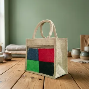 Sac de courses en jute, sac fourre-tout en toile de jute avec poignée en corde, fermeture à glissière, sac pliable pour courses et cadeaux - Product Image 3