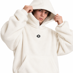 Sweat à capuche tendance en polaire sherpa beige, coupe oversize, chaud pour l'hiver, avec poches, style streetwear, fournisseur de sweats à capuche balaclava personnalisés - Product Image 6