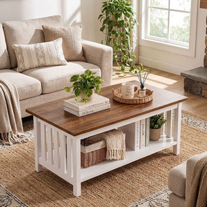 Table basse de style farmhouse avec étagère de rangement, plateau en bois, cadre blanc, meubles de salon, design moderne - Product Image 5
