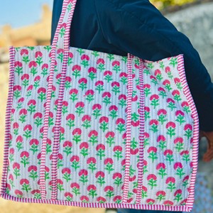 Bolsa de Mano de Algodón Bordada con Flores Rosas, Asas a Rayas, Estilo Bohemio, Abierta por Arriba, para Compras - Product Image 3