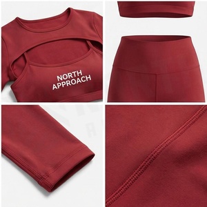 North Approach 2 Piece Yoga Set Full Length Solid Red Breathable High Waist Seamless Sportswear - Product Image 5