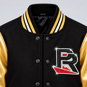 Chaqueta universitaria premium para mujer, estilo cheerleading, con pedrería, tipo bomber, con ribete a rayas, con OEM ODM - Product Image 6