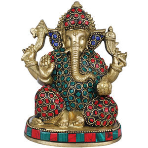 รูปปั้นพระพิฆเนศทองเหลืองขนาด4นิ้วทำด้วยมือรูปปั้นฝังขนาดเล็กสำหรับเป็นของขวัญผลิตในอินเดีย - Product Image 1