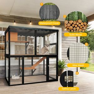 Enclos pour chat en bois à 4 niveaux, intérieur/extérieur, grande capacité, pour plusieurs chats, avec passage, mobilier pour animaux de compagnie - Product Image 4