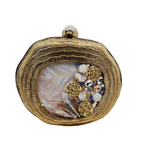 Pochette ronde indienne artisanale en nacre avec cadre en laiton et décorations florales en pierre, sac de soirée de luxe pour femme - Product Image 1