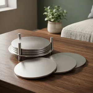 Premium Silver Round Coasters Set of 6 <b>Stainless</b> <b>Steel</b> <b>Table</b> Coasters for Tea Cups Coffee Mugs Cans Drinks Home Dining Office - Product Image 5