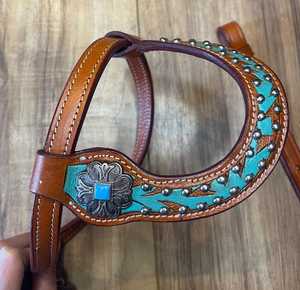 Ensemble de sellerie western de qualité supérieure en cuir véritable, avec têtière et collier de poitrage, garniture à points de boutonnière, pour usage équestre - Product Image 3
