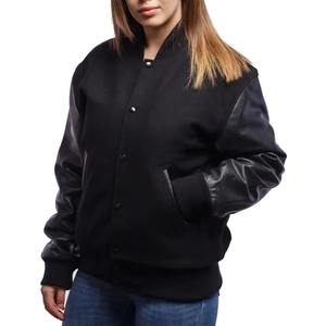 Nouvelle arrivée, veste de baseball personnalisée noire pour hommes et femmes, vente en gros, modèle uni avec manches en cuir respirant - Product Image 2