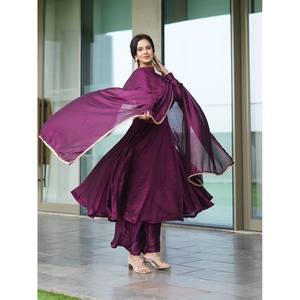 FANCY CHINON SILK PLAIN GOWN BOTTOM WITH DUPATTA <b>WINE</b> - Product Image 1
