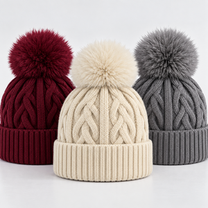 ODM Knit Pom Pom Beanie Custom Embroidered Patch logo Design Warm Winter Cuffed Beanie Casual Acrylic Bobble Hat Cap for Adults - Product Image 3