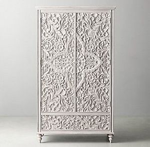 Luxury Handcrafted Solid Wood 2 Door <b>Wardrobe</b> Ornate Floral Carving Distressed White Finish Armoire - Product Image 6