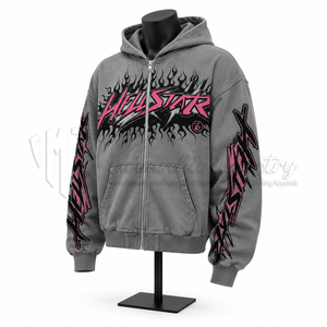 Sudadera con capucha y cremallera para hombre, gris, con estampado gráfico de llamas, estilo urbano, de forro polar, talla grande, OEM personalizado, al por mayor - Product Image 3