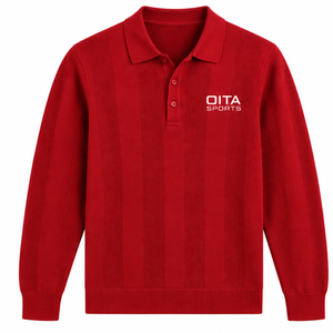 Bright <b>Red</b> Mens <b>Long</b> <b>Sleeve</b> Knit Polo Shirt Textured Stripe Design Ribbed Cuffs Casual Pullover Premium Fashion <b>Top</b> - Product Image 1