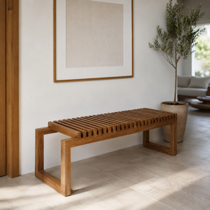 Banc de patio en bois moderne, design minimaliste, mobilier d'extérieur, siège à lattes durable pour jardin, villa, resort - Product Image 1