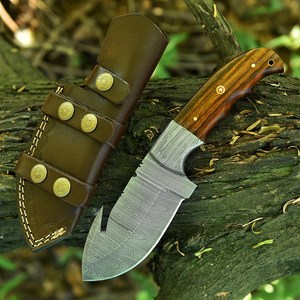 Cuchillo de caza y desollado de hoja fija de acero de Damasco con gancho para tripas, mango de madera, espiga completa, personalizado OEM/ODM, con funda de cuero - Product Image 2