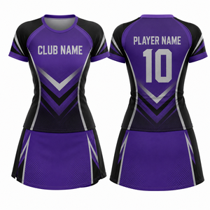 Ensemble de tennis personnalisé pour femmes, imprimé géométrique violet et noir, manches courtes, col rond, style sportif à séchage rapide - Product Image 1