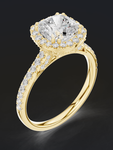 แหวนหมั้นทองคำขาว 14K นี้โดดเด่นด้วยเพชรทรงคุชชั่นที่เปล่งประกายอยู่ตรงกลาง ล้อมรอบด้วยรัศมีแสงระยิบระยับและประดับด้วยเพชรแบบพาเว่เซ็ต - Product Image 2