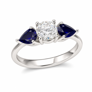 Anillo de Compromiso de Tres Piedras con Certificado IGI, Diamante Central Brillante Cultivado en Laboratorio, Piedras Laterales de Zafiro Azul Pera, Oro Blanco, OEM, ODM - Product Image 1