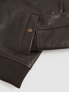 Factory Price Men Genuine Leather Waterproof Winter Bomber <b>Jacket</b> Black <b>Slim</b> <b>Fit</b> Zip-Up Spread Collar Ribbed Cuff OEM Custom Log - Product Image 4