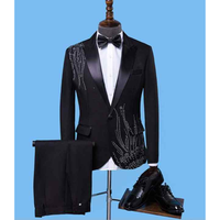 Costume de smoking bleu pour homme, 3 pièces, croisé, brodé, fait main, style britannique, col cranté, pour marié, respirant