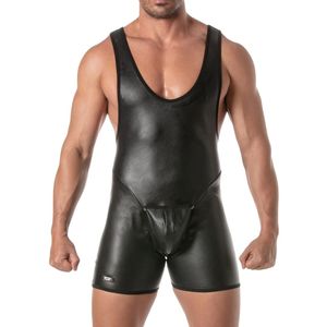 Men Black <b>Leather</b> Sleeveless <b>Bodysuit</b> Mid-Rise Solid Sexy Underwear - Product Image 1