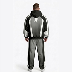 Ensemble de survêtement en molleton gris dégradé pour homme, avec logo personnalisé, sweat à capuche et pantalon de jogging, panneaux contrastants, style streetwear, deux pièces - Product Image 3