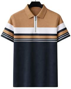 Polo de manga corta para hombre, con cremallera de un cuarto, a rayas camel y negras, informal, con paneles en contraste, personalizado por el fabricante, para verano. - Product Image 1