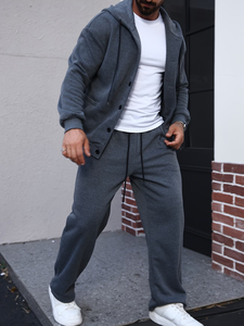 Men's Hooded Sweatshirt Set Gray 100% Cotton French Terry Fabric Breathable Casual Two-Piece Autumn Wear Hooded Two-Piece Set - Product Image 5