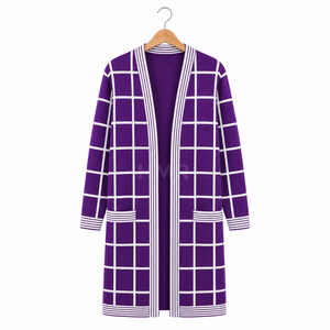 HMR Sisterhood Sorority Acrylic <b>Purple</b> Plaid Knitted Long <b>Cardigan</b> Anti Pilling Office <b>Cardigan</b> Design - Product Image 5