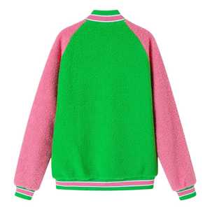 AKA Sherpa Bomber <b>Jacket</b> Green Pink Fleece Chenille Embroidery Greek Letter <b>Women</b> Winter Coat Premium Quality <b>Zip</b> <b>Up</b> Outerwear - Product Image 2