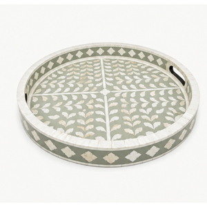 Luxury <b>Sage</b> <b>Green</b> Handmade Bone Inlay Tray Round Decorative Coffee Table Serving Platter Eco-Friendly Mother of Pearl <b>Home</b> Decor - Product Image 3
