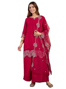 Ensemble 3 pièces traditionnel indien pour femme : Kurta droite en soie brodée, Palazzo et Dupatta, pour usage quotidien décontracté - Product Image 5