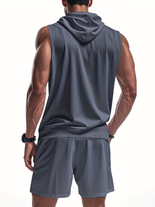 Men's Solid Hooded Sleeveless Vest Shorts Set Gray Cotton French Terry Summer Casual Breathable Sport Outfit 2Pcs Made - Product Image 2