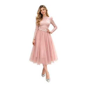 <b>Pink</b> Lace Full Sleeves Dress with <b>Skirt</b> Set for <b>Womens</b> Midi Length Dress A-Line Tulle Midi Evening Gown Spring/Summer Party Wear - Product Image 1