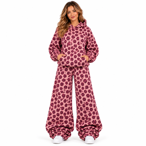Ensemble de survêtement en molleton à imprimé floral rose pour femmes, sweat-shirt à capuche, pantalon large à jambes larges, tenue de détente en 2 pièces - Product Image 3