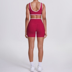 <b>Red</b> Two-Piece Yoga Set Racerback <b>Crop</b> <b>Top</b> High Waist Shorts Contrast Binding Seamless Stretchable Workout Wear - Product Image 4